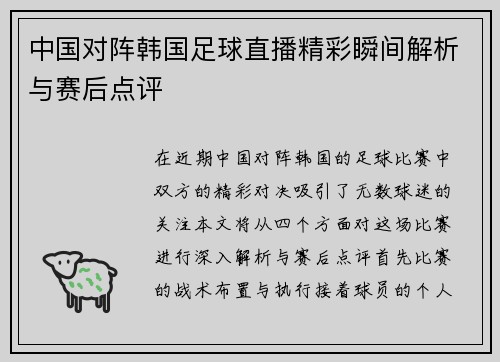 中国对阵韩国足球直播精彩瞬间解析与赛后点评