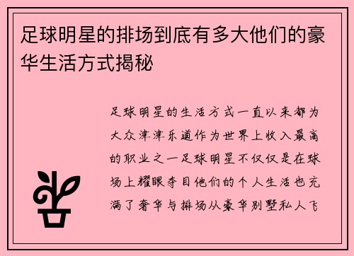 足球明星的排场到底有多大他们的豪华生活方式揭秘