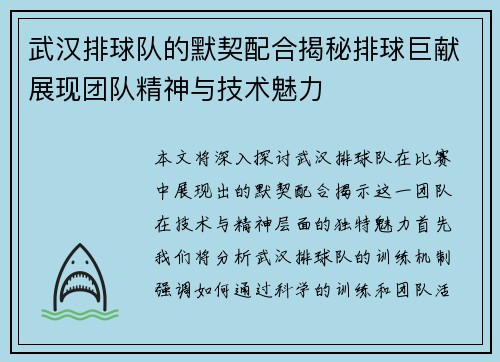 武汉排球队的默契配合揭秘排球巨献展现团队精神与技术魅力