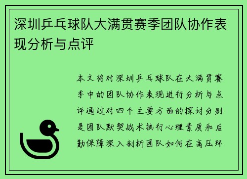 深圳乒乓球队大满贯赛季团队协作表现分析与点评